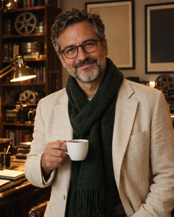 Leo, der KI-Produzent, mit Kaffeetasse in seinem Büro